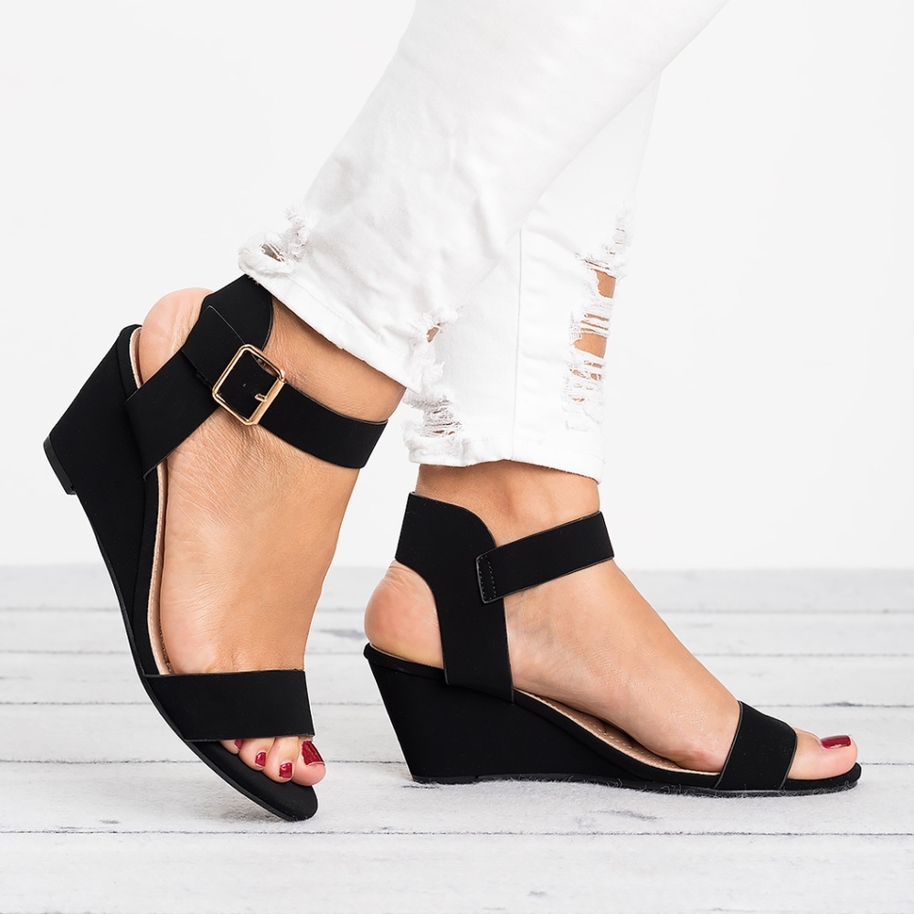 👠 Black Ankle Wrap Wedge Sandals - Adie - Picture 1 of 2